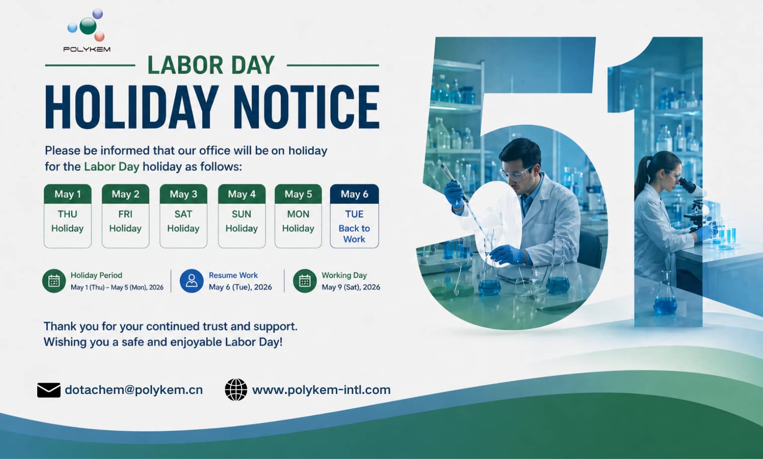 Promemoria per l'organizzazione delle festività e la pianificazione degli ordini di Polykem Labor Day